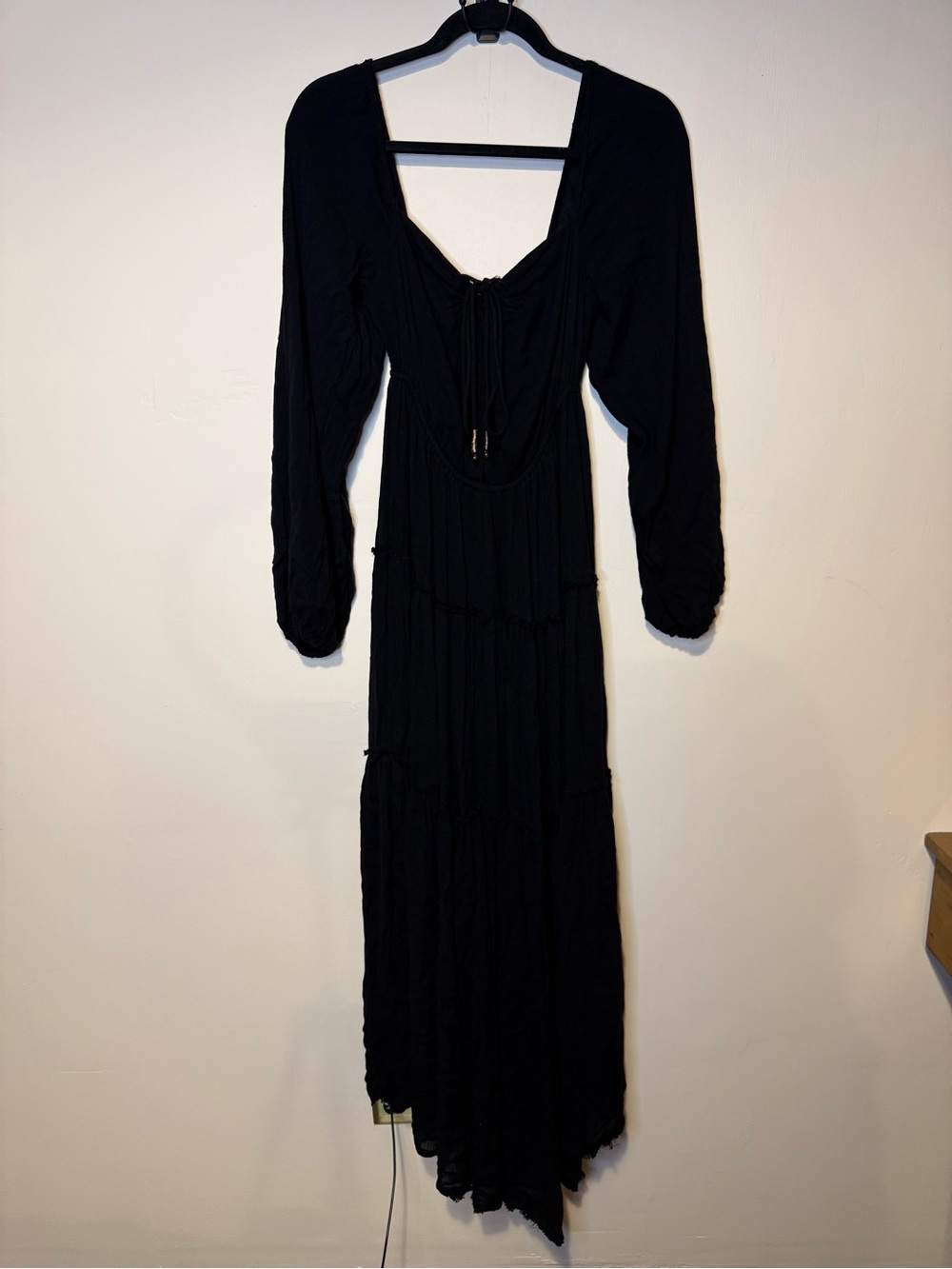 Free People Black Boho Tiered Maxi Dress Frayed Tie Front Size Small